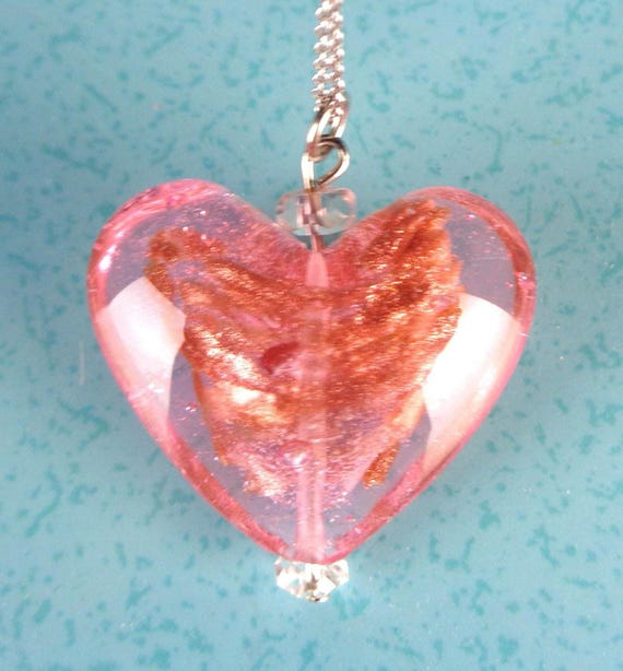 Vintage Y2K Pink Glass Heart Pendant: Jewelry Handmade Puff Blown Glitter Accent Keepsake Memento