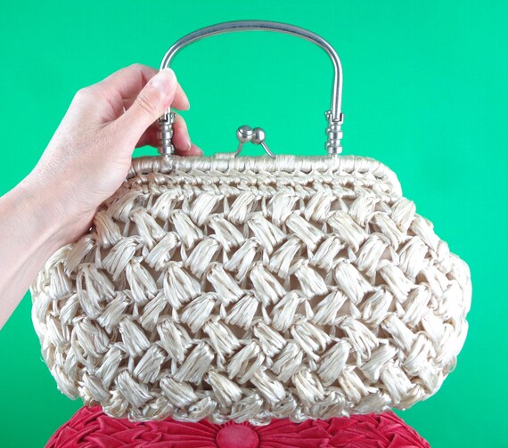 Vintage Retro Accessorie Natural Straw Raffia Rattan Purse Handbag Top Handle 1950s 60s Mid Century Wedding Party Evening Formal Casual Gift