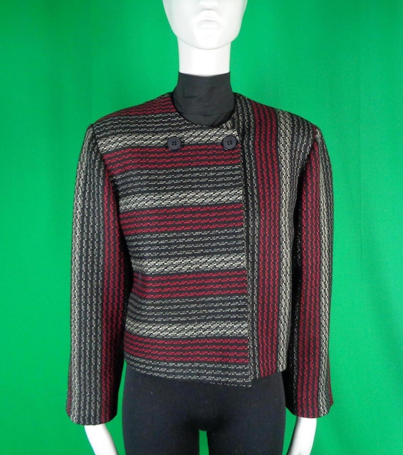 Vintage Retro Clothing French Button Crop Blazer Suit Jacket Top Coat 60s 70s Mid Century Stripe L Wedding Party Evening Formal Casual Gift