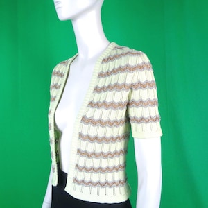 Vintage Retro Clothing Apparel Top Blouse Jersey Knitwear Duster 60s 70s Mid Century Chevron Green Gold Silver XS Wedding Party Casual Gift