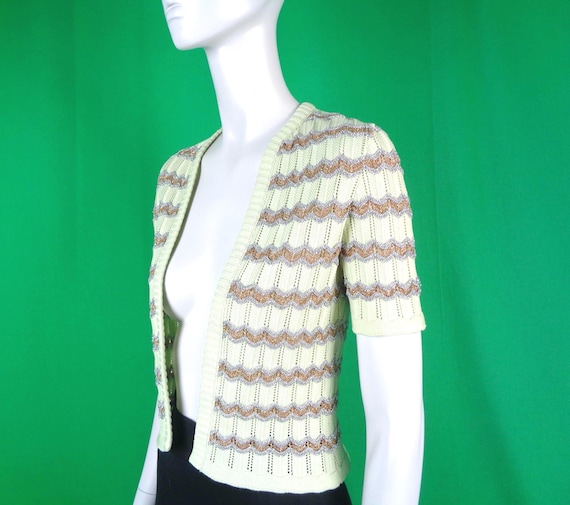 Vintage Retro Clothing Apparel Top Blouse Jersey Knitwear Duster 60s 70s Mid Century Chevron Green Gold Silver XS Wedding Party Casual Gift