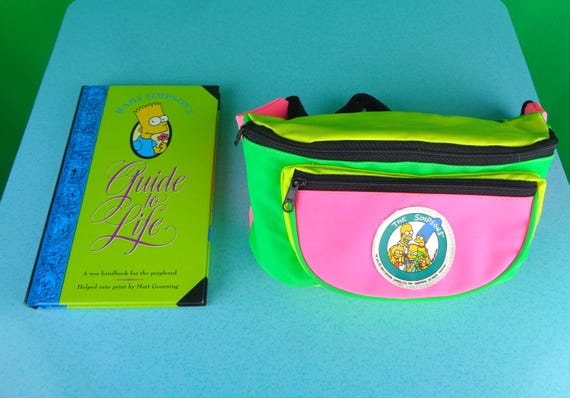 Vintage Retro 1990 93 Unisex Bart Simpson's Guide to Life Hard Cove Illustrated Handbook Neon Fanny Pack Hip Sack Belt Bag Purse Party Gift