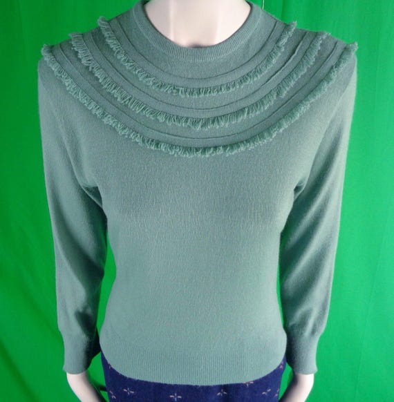 Vintage 50s-60s BonOra Grandmere Sweater, Powder Blue Acrylic Blend, Fringe Detail Pullover Top Gift