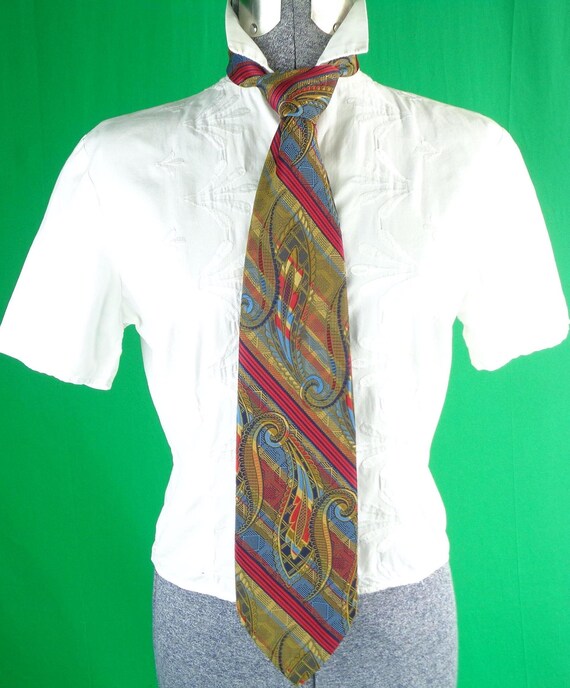 Vintage Retro Oleg Cassini Self Necktie: 50s-60s Paisley Stripe, Unisex Gift Red Blue Yellow