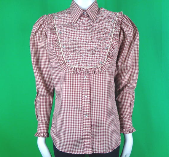 Vintage Retro Rockmount Clothing Apparel Western Wear Button Bib Shirt Top Blouse 1960s 70s CA US 32 S Red Beige Checker Cowgirl Party Gift
