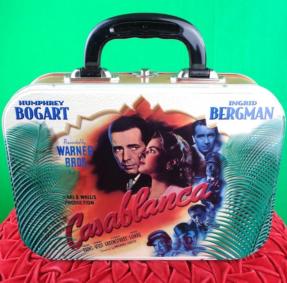 Vintage Retro Casablanca Tin Tote Lunch Box Bergman Bogart Movie Motion Picture Stars Handbag Top Handle Purse Storage Container Party Gift