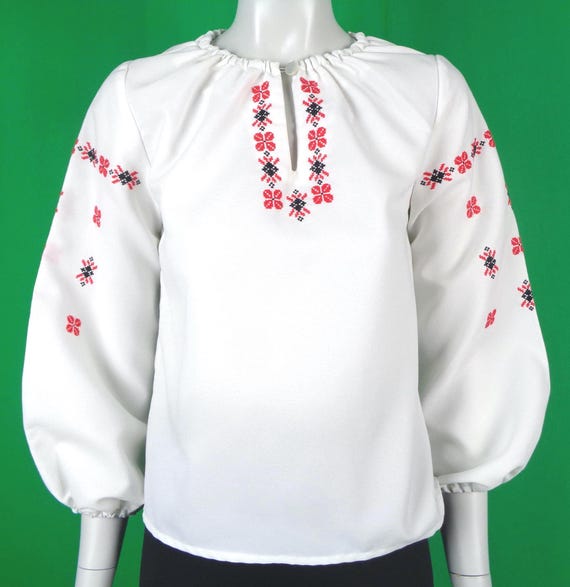 Vintage Retro Clothing Pullover Ukrainian Russian Blouse Top Bishop Peasant 1960s 1970s Mid Century Small White Red Black Formal Casual Gift