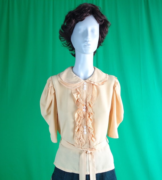Vintage Retro Handmade Clothing Apparel Pullover Blouse Top Shirt 1930s 40s Bishop Yellow Crepe Sash Belt Wedding Party Evening Formal Gift
