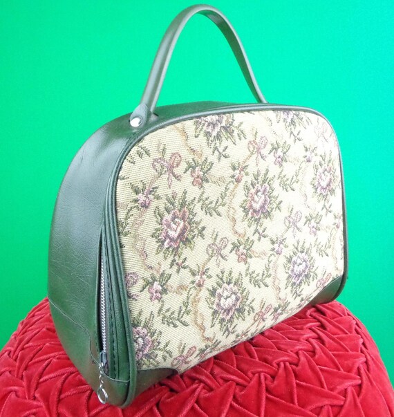 Vintage Retro Accessorie Green Tapestry Handbag Purse Top Handle 1950s 60s Mid Century Petit Point Vinyl Floral Market Carry On Travel Gift