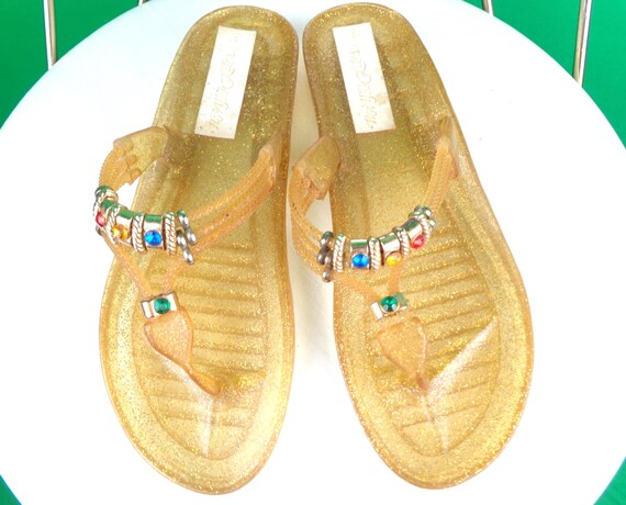 Vintage Retro Yellow Gold Glitter Jelly Sandals: 1980s 1990s T-Strap Flats Shoes Size 7 Gift