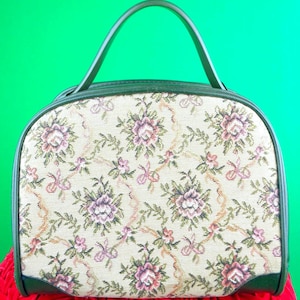Vintage Tapestry Handbag: Floral Petit Point Top Handle Purse 60s-70s Green Vinyl Bag Accessory image 1