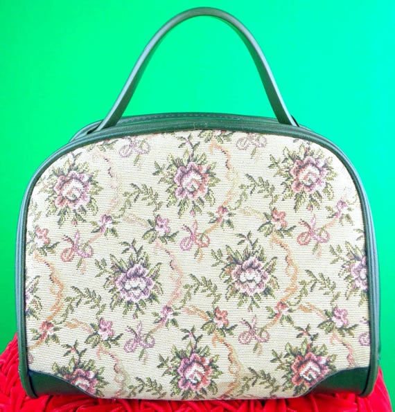 Vintage Tapestry Handbag: Floral Petit Point Top Handle Purse 60s-70s Green Vinyl Bag Accessory