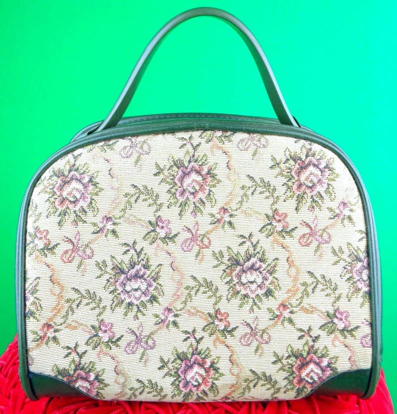 Vintage Tapestry Handbag: Floral Petit Point Top Handle Purse 60s-70s Green Vinyl Bag Accessory image 1