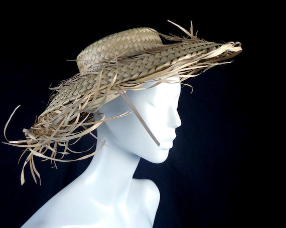 Vintage Straw Cartwheel Sun Hat: 1950s Beach Wedding Mid Century Coastal Accessory Gift