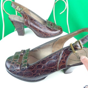 Vintage Retro Womens Girl Pumps Shoes Brown Gray Leather Slingback Footwear 40s 50s WW2 Mid Century Size 6 Euro 36 1/2 UK 4 Reptile Peep Toe image 6