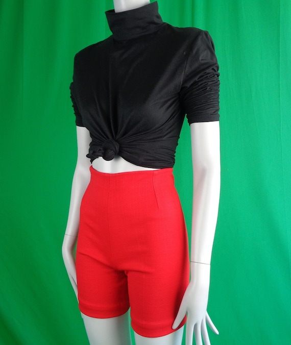 Vintage 60s Red High Waist Shorts: Handmade, XS Hot Pants Clothing Apparel Gift
