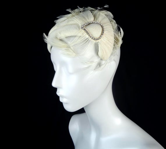 Vintage Feather Fascinator Hat - Off White Rhinestone Capulet, 1940s-50s Mini Half Chapel Accessory