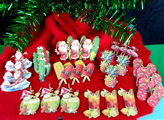 Vintage Style Christmas Tree Wood Decorations: Ornaments Holiday Decor Craft Set Santa Claus Drink Pineapple Flamingo Flip Flops Gift