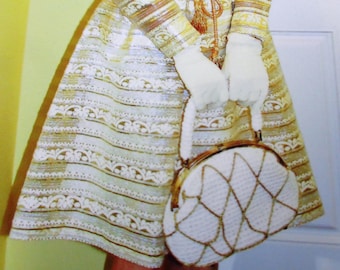 Borsa vintage in rafia e paglia, borsa bianca intrecciata Stein, pochette dorata Mid-Century degli anni '50
