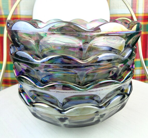 Vintage Retro MCM Carnival Glass Set 4 Bowls 60s 70s Mid Century Hazel Altas Iridescent Blue Purple Dinnerware Kitchen Serve Home Decor Gift
