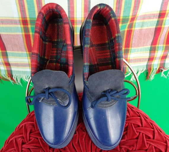 Vintage Retro Rain Snow Ankle Rubber Duck Tie Shoes Slides Flats 1980s 90s Accessorie US CAN 8 Navy Blue Red Green Plaid Tartan Casual Gift