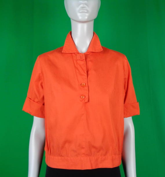 Vintage Retro Clothing Apparel Pullover Button Orange Shirt Top Blouse 1950s 1960s Mid Century S Party Evening Casual Formal Sport-wear Gift