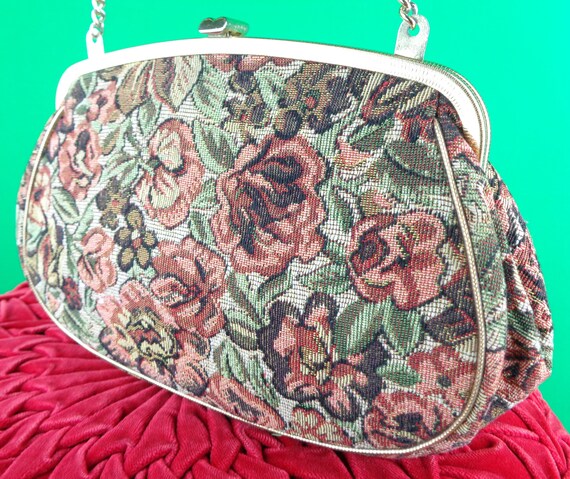 Vintage Retro Accessorie Purse Handbag Clutch 1950s 60s Mid Century Tapestry Needle Point Floral Gold Brown Green Wedding Party Evening Gift
