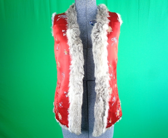 Womens Girl Clothing Reversible Vest Gray Fur Red… - image 3