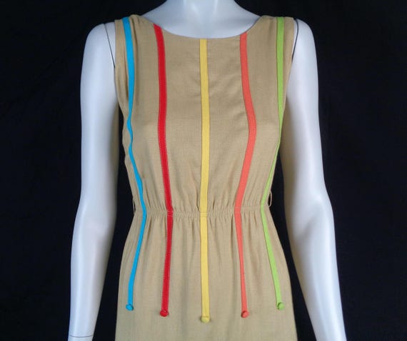 Vintage 1950s Linen Dress: Rainbow Stripe Belted Pencil Dress Harold Williams Beige Clothing Apparel
