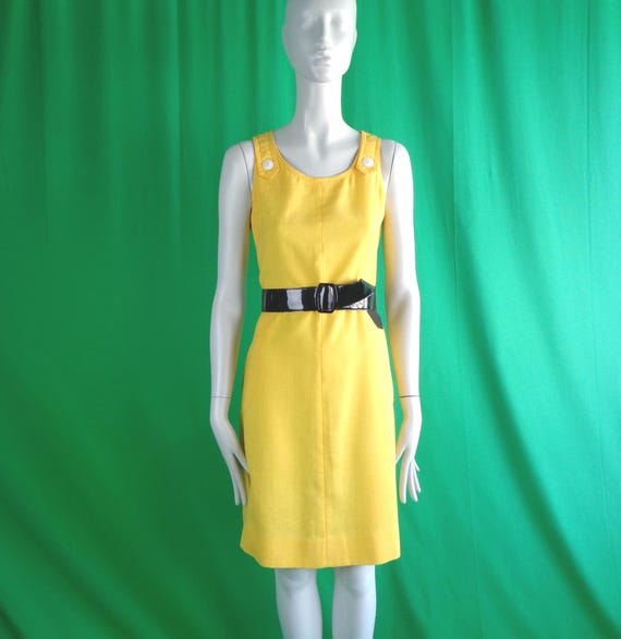 Vintage Retro Pinafore Mod Leslie Fay Clothing Jumper Dress Shift Day 1960s 1970s Yellow Linen Sun Scooter GoGo S Wedding Party Casual Gift