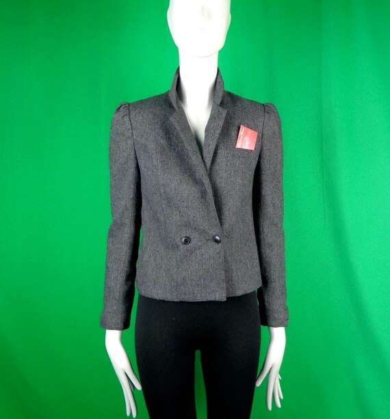 Vintage 70s-80s Tweed Blazer: Handmade Double Breasted Jacket Wool Bomber Suit Gray Black Gift