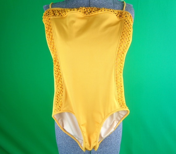 Women Girl Clothing Solid Yellow Spandex One Piece Bathing Swim Body Suit  Wear Suff Gym Athletic Fitness Size XS Small 70s 80s Vintage Retro 