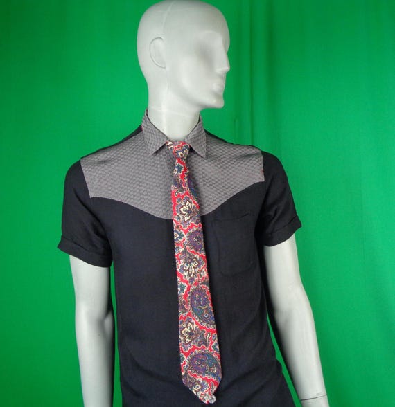 Vintage Retro Parksdea Silk Self Necktie: 1950s-60s Paisley Tie Men's Women's Gift Red Blue