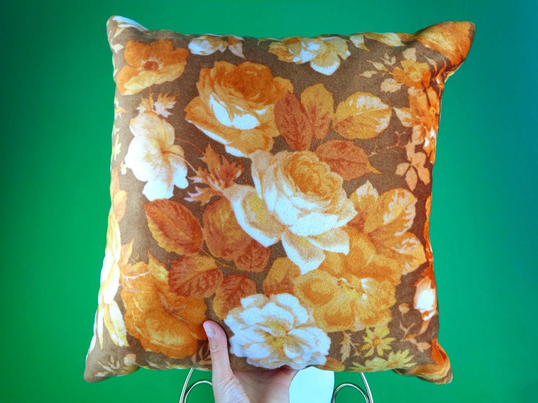 Vintage Retro Floral Throw Pillow: 70s-80s Brown & Orange Accent Toss ...