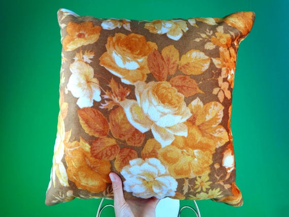 Vintage Retro Decorative Throw Toss Pillows Cushions 70s 80s Square Floral Brown Orange Sofa Couch Chair Home Room Accent Living Decor Gift