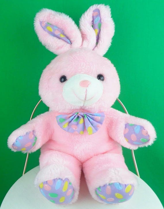 Vintage Stuffed Plushie Bunny: 1980s Rabbit Toy Pastel Egg Pink Purple Yellow Green Blue
