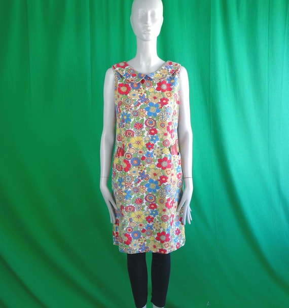 Vintage Retro Mod Handmade Clothing Apparel LG Dress Shift Day Sun 1950s 1960s Mid Century Floral Yellow Red Blue Green Wedding Party Gift