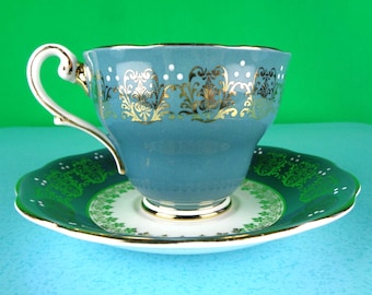 Vintage Royal Standard Bone China Teacup Saucer Set, England Decor 1950s Drink-ware Blue Gift