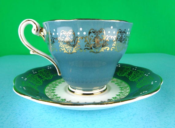 Vintage Royal Standard Bone China Teacup Saucer Set, England Decor 1950s Drink-ware Blue Gift