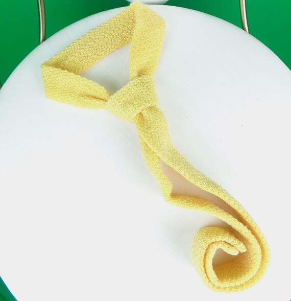 Vintage Retro Wool Self Necktie Work Suit 1930s 1940s Cravat Yellow Boucle Rayon Knit Satin Stretch Wedding Party Formal Evening Gift