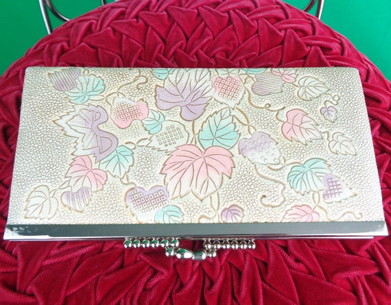 Vintage Retro Clutch Purse Handbag 1960s 70s Mid Century Ivory Beige Pastel Pink Purple Leaves Wedding Party Formal Evening Gift Accessorize