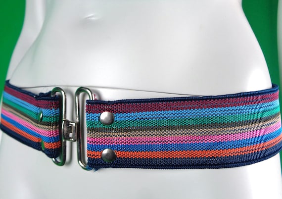 Vintage Retro Stretch Elastic Stripe Belt 1970s 1980s S M Blue Green Brown Pink Orange Wedding Party Formal Evening Casual Gift Accessorize
