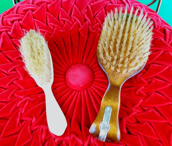 Vintage Horse Hair Brush Set: 1940s Baby Decor Beauty Care Grooming Styling Yellow Brown