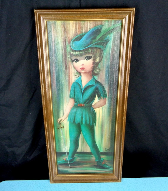 Vintage Eden Soroka Big Eye Peter Pan Girl Art, Mid-Century Wall Decor 60s 70s