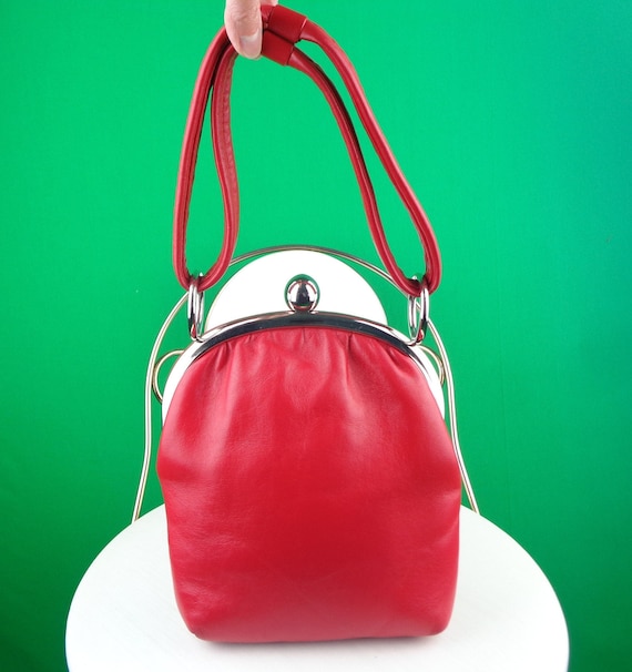 Vintage Retro Lipstick Red Purse Top Handle Handbag Clutch 1940s 50s Mid Century Chrome Mirror Wedding Party Formal Evening Gift Accessorize