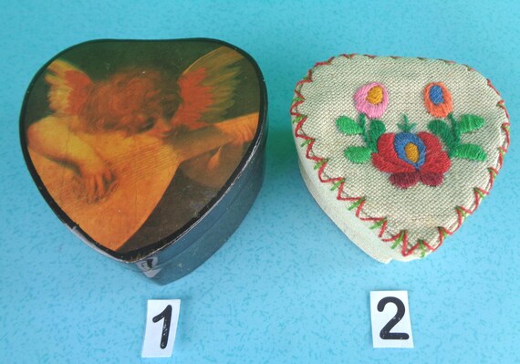 Vintage Retro Heart Angel Lacquerware Embroidered Trinket Jewelry Ring Boxes 1970s 1980s Storage Organization Container Birthday Party Gift