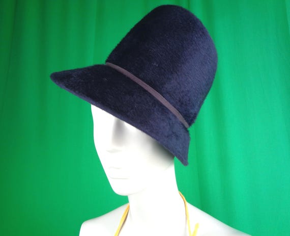 Vintage Mohair Bucket Hat: 1960s Navy Blue Boho Fur Panama Georgette Gift Accessory