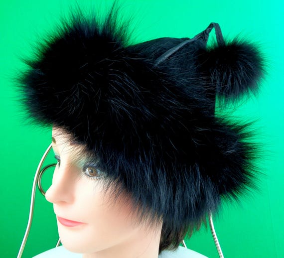 Vintage Retro Jet Ink Black Fur Ball Suede Skull Capulet 22" Hat 1960s 1970s Winter Snow Quilt Party Gift Accessorize Mitchie's Canada