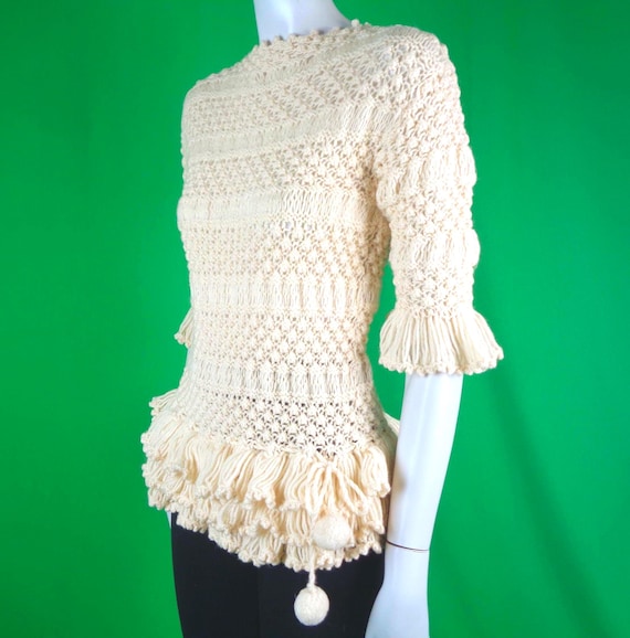 Vintage 50s Irish Cable Knit Wool Sweater Pom-Poms Mid-Century Pullover Top Cream Cyril Cullen