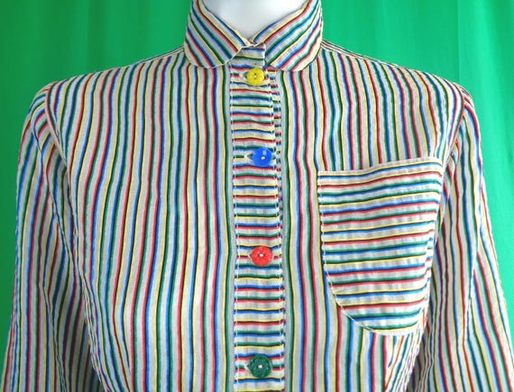 Vintage Retro Clothing Apparel French Cuff Button Blouse Top Shirt 1940s 1950s Mid Century S Nylon Stripe Yellow Blue Red Green Party Gift
